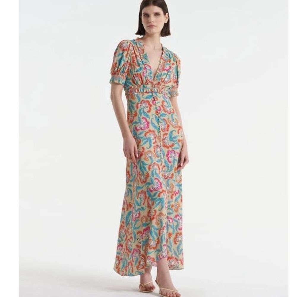SALONI Lea Smocked Maxi Dress Aphrodite Floral V-Neck 8 NWT Wedding Guest Luxe